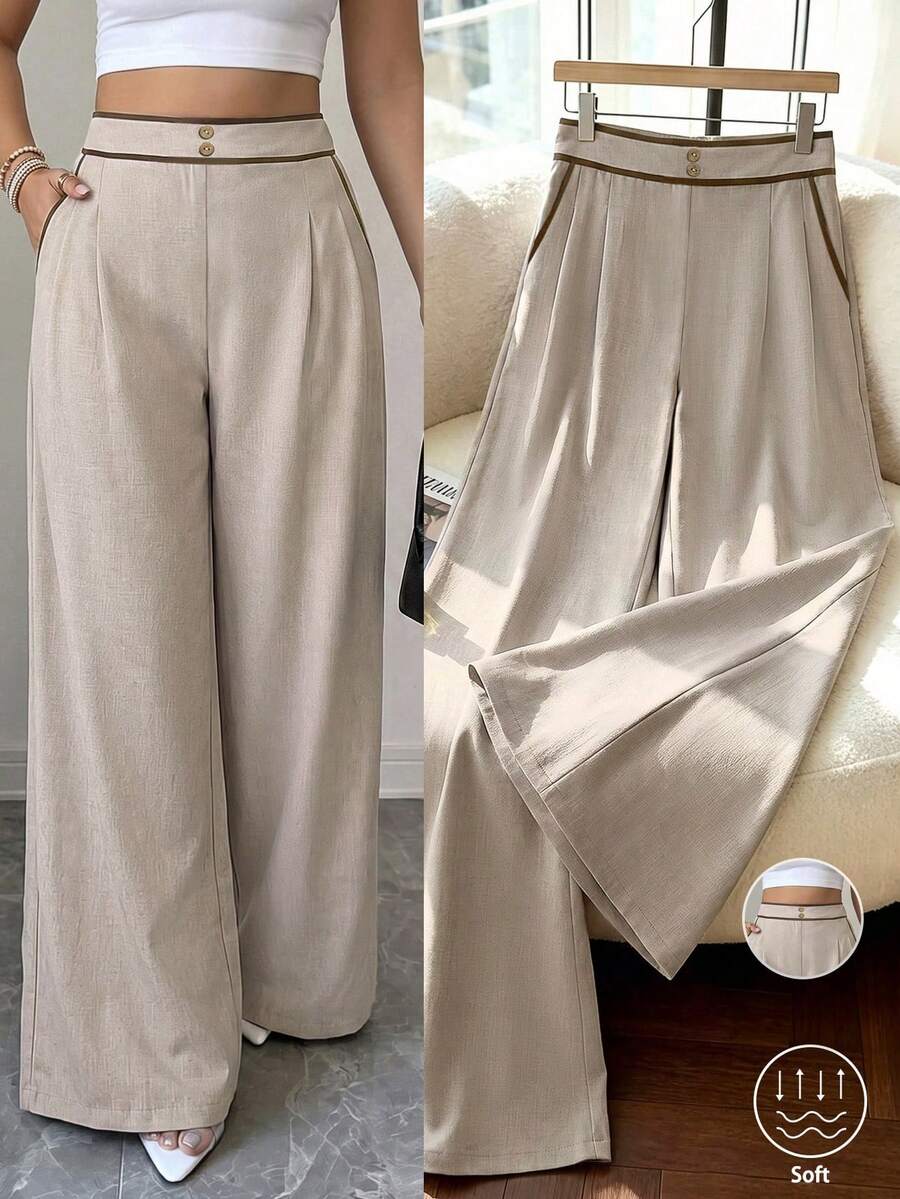 Elenzga Plus Size Women's High Waist Pocket Wide Leg Loose Pants, Summer Autumn Long Contrast Color Edge, Business Casual Casual Elegant Beige Office Formal