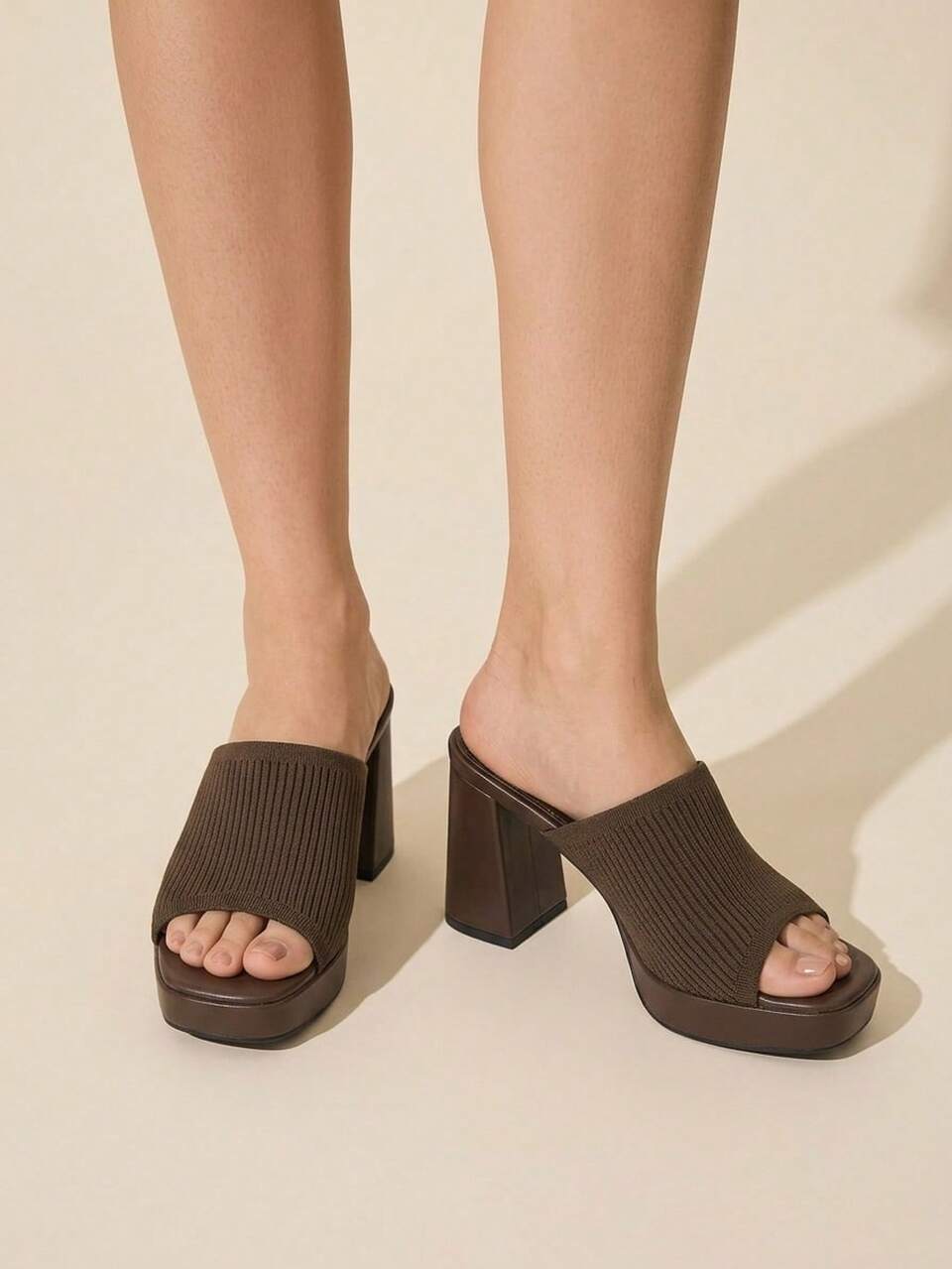 CUCCOO BASICS Women's Sexy Peep Toe Mule Black Knit Chunky High Heel Commuter Sandals