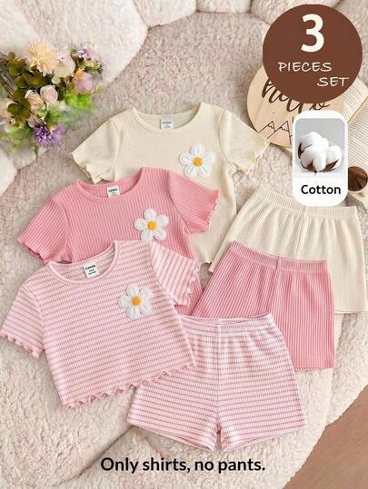 SHEIN LMoss Kids 3 buah Kaos Rajut Kasual Leher Bulat untuk Bayi Perempuan, Motif Bunga dan Garis-garis yang Menggemaskan