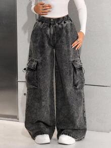 SHEIN Quần ống rộng ống rộng cạp rút dây thời trang cổ điển Y2K cho bé gái tuổi teen Quần jeans ống rộng cho mùa đông - màu đen - Xem 7