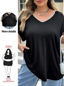 SHEIN CURVE+ 大尺碼 22W 黑白對比蕾絲落肩袖上衣 波希米亞簡約休閒度假風 2026夏季 適合健行 - 黑與白 - 查看 10