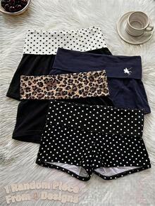 Teen Girls Casual All-Match Versatile Daily Folded Waist Print Super Short Knitted Shorts 1 Random Piece, Summer, Outfit, Fall, Back To School, Loose - Black - View 1