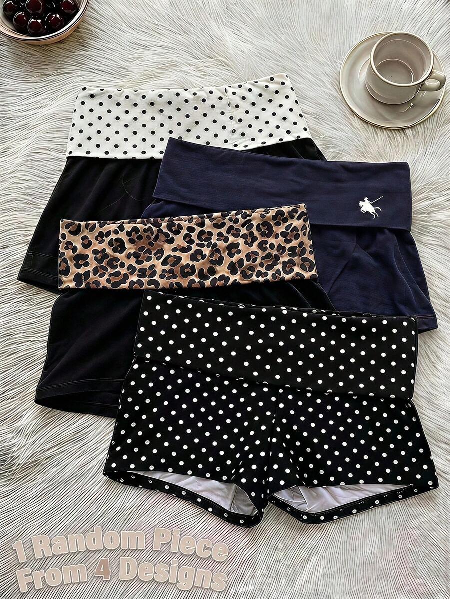 Teen Girls Casual All-Match Versatile Daily Folded Waist Print Super Short Knitted Shorts 1 Random Piece, Summer, Outfit, Fall, Back To School, Loose - Black - View 1