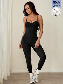 SHEIN PETITE Tuta aderente casual da donna con spalline sottili, tinta unita - nero - Visualizzare 9