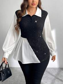 Firerie Top de mujer talla grande con lentejuelas, patchwork, contraste de color y bajo asimétrico - Multicolor - Ver 5