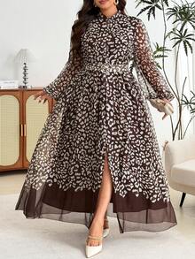 Modelyn Plus Size Women's Fashion Minimalist Elegant Cinched Cinched Waist Flared Dress - Coffee Brown - View 1