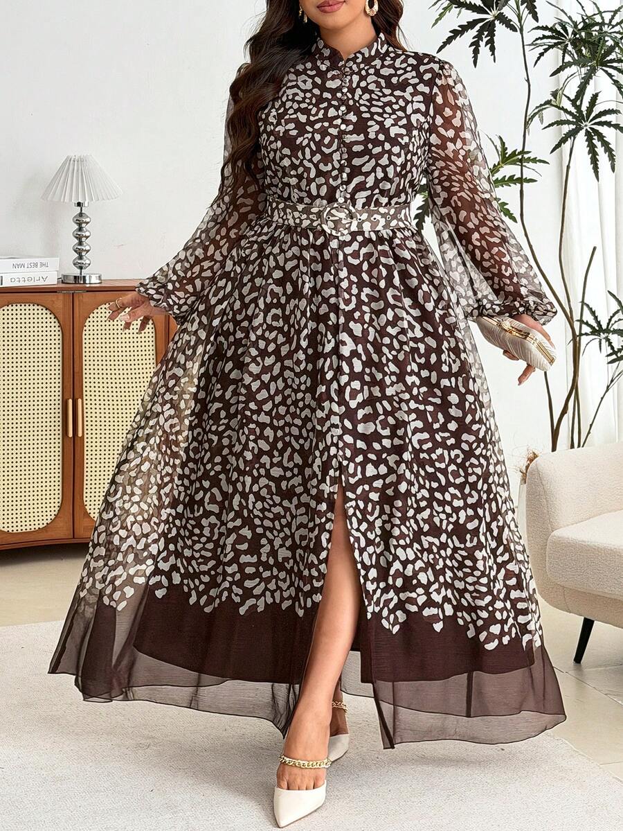 Modelyn Plus Size Women's Fashion Minimalist Elegant Cinched Cinched Waist Flared Dress - Coffee Brown - View 1