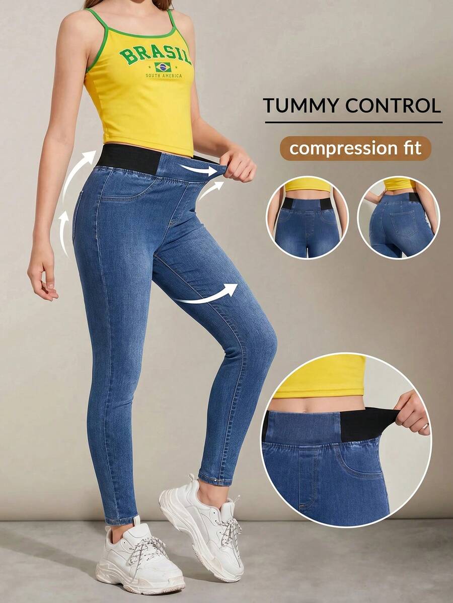 Tween Girl Girls' Deep Blue Denim Stretch Skinny Pants Fall Winter Halloween Y2k Graduation Back To School - Medium Wash - View 1