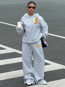 Muchica GARFIELD | SHEIN Women's Cartoon Print Long Sleeve Hoodie Sweatshirt And Pocket Loose Pants 2pcs Set - Grey - View 1