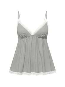 ROMWE Women Ribbed Lace Camisole And Shorts Casual Pajama Set - Light Grey - View 5
