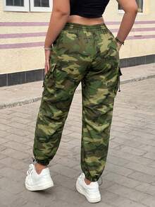 POPSWAY Plus Size Camouflage Print Casual Multi-Pocket Drawstring Cargo Pants Fall - Army Green - View 2