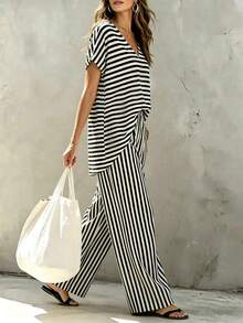 SHEIN Franclia 两件套女士优雅黑白条纹休闲夏季套装，度假/假日服装 - 黑與白 - 查看 5