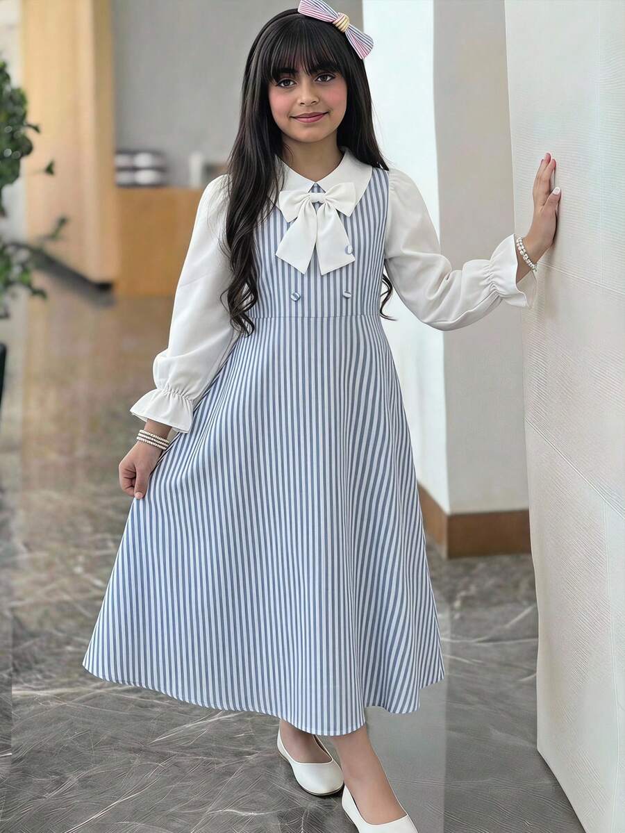 SHEIN 兒童青少年女孩返校穿搭,復古學院風修身藍色條紋拼接白色長袖 3D 蝴蝶結裝飾開領洋裝,藍白條紋襯衫洋裝 - 藍色 - 查看 1