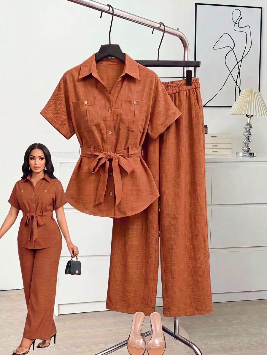SHEIN Lady 女款純色短袖單排扣襯衫與長褲休閒兩件套 - 鏽棕色 - 查看 1