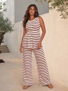 ELLERISSA BUTTON UP TANK & TROUSERS LOUNGE CO-ORD - Red and White - View 4