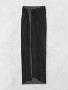 Swim SXY Women Ruched Wave Metal Embellished Solid Color Summer Skirt,Summer Beach - Black - View 6