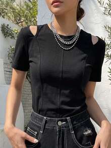 FRIFUL Women's Summer Spring Solid Color Slim Fit Flattering Versatile Short Sleeve T-Shirt - Black - View 2