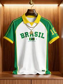 Manfinity Campus Court Vintage Brazil Classic Yellow & Green Striped Polo Shirt, American Style BRASIL #10 Printed Jersey, Men's & Women's Graphic T-Shirt, Men's Summer Fashion Casual Sports Shirt, Football, Football Equipment - Multicolor - View 4