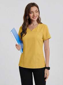 TaskEZ Atasan Seragam Kerja/Pembantu Rumah Tangga Lengan Pendek Model Slim Fit dengan Kerah Bentuk Hati Warna Biru dan Kuning, 4 Saku, Nyaman dan Praktis - Kuning - View 4