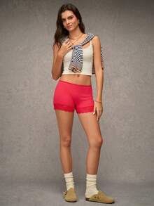 Esseday Women's Solid Color Contrast Lace Safety Shorts - Red - View 4