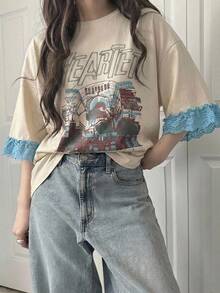 FRIFUL Women's Casual Loose Fit Letter Print Lace Patchwork Short Sleeve T-Shirt, Breathable Cotton Blend, Versatile For Spring/Summer Graphic Tees - Apricot - View 7