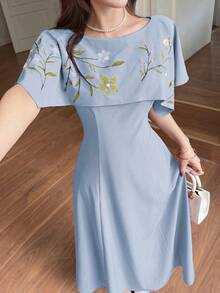 Feyla Vestido Elegante de Comprimento Médio com Bordado Floral Feminino - Azul bebê - Visão 5