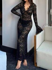 DAZY Lace Sheer Fitted Long Nightgown Pajama - Black - View 5