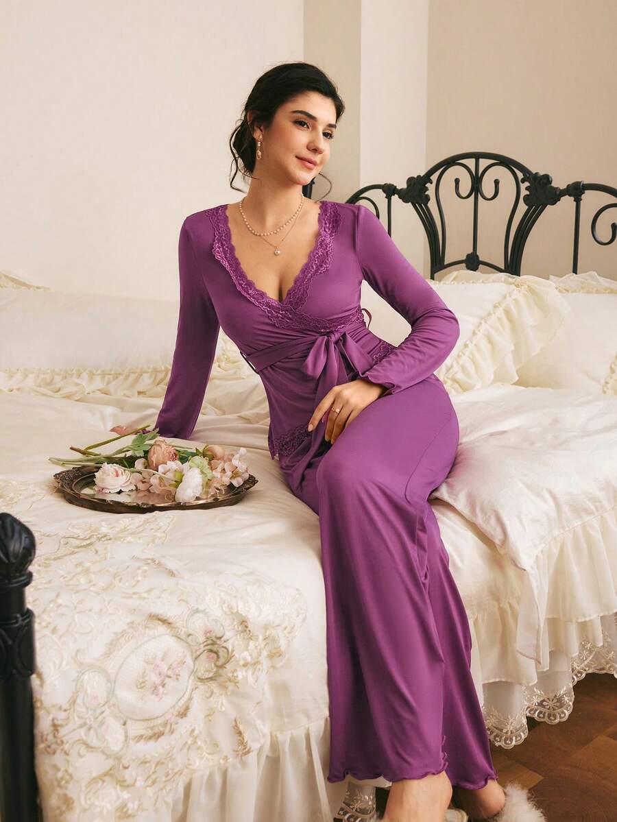 Côtesoire French Elegant Romantic Charm Lace Patchwork Asymmetric V-Neck Comfortable Knit Women's Pajama Set - Purple - View 1
