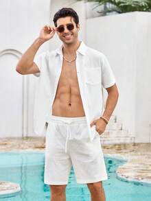 Mercer Haus Men's 2-Piece Linen Casual Short Sleeve Button-Down Shirt And Shorts Summer Beach Set - Perfect Father's Day Gift For Dad, Husband, Him - White - View 6