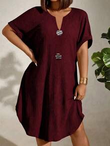 EMERY ROSE CURVE Plus Size Women Spring Summer Solid Color Knit Textured Fabric V-Neck Curved Hem Personalized Large Button Decor Loose Casual Home Comfortable Mid-Length Dress - Burgundy - View 3
