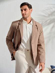 VeloEdit 男士純色卡其色雙排扣西裝外套，秋季商務休閒西裝，適用婚禮、儀式、正式工作、日常休閒與戶外活動，秋冬款 - 卡其色 - 查看 6