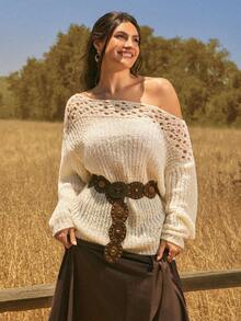 Freevana Boho Soft Form Allover White Ribbed Knit Sweater With Crochet Yoke Off-Shoulder Neck Cozy Autumn Party Office Date Night Top Pullovers For Women Fall - White - View 8