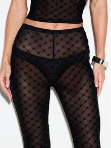 KIZN Sheer Mesh High Rise Skinny Leggings With All Over Monogram Logo Pattern Full Length See Through Festival Party Night Out - Black - View 7