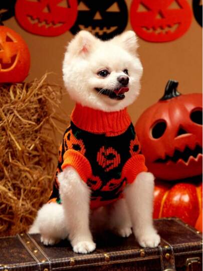 PETSIN 1pc Pumpkin Face Printed Pet Sweater Small And Medium Sized Dog Halloween Ghost Festival Color Blocked Warm Knitted Sweater Pet Clothing