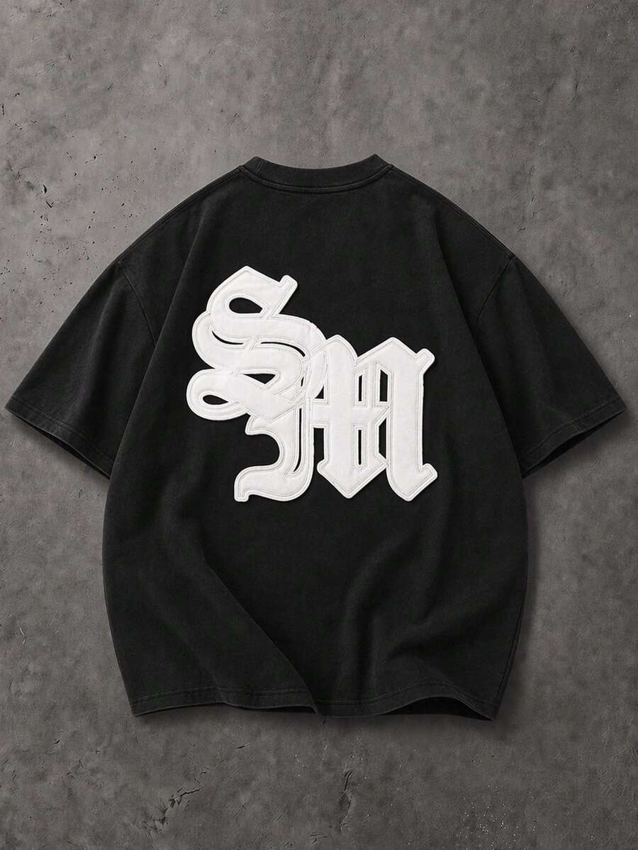 SUMWON Boxy Crop Washed T-Shirt With Oversized Gothic Logo Applique On Back Crew Neck Short Sleeve Streetwear Style - Black - View 1