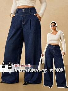 SHEIN CURVE+ 大尺碼時尚百搭口袋鈕扣寬鬆長版牛仔褲 - 藍色 - 查看 9