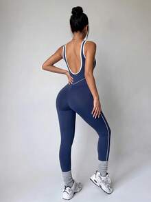 Dewbera Dewbera Women's New Autumn/Winter Navy Blue Open-Back Athleisure Jumpsuit,Blue And White Color-Block Sleeveless Fitted Jumpsuit - Multicolor - View 2