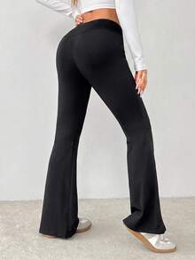 Easithlete Easithlete Women's High-Waisted Flared Yoga Pants Highly Elastic Tummy-Control Butt-Lifting Casual Essential Modest Athletic Gym Black Summer Pilates - Black - View 2