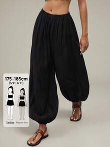 SHEIN Tall Women's Elastic Waist Pocket Loose Lantern Solid Color Casual Pants - Black - View 1