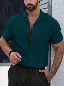 Manfinity CasualCool 男士純色單排扣工裝口袋短袖襯衫 - 墨綠色 - 查看 5