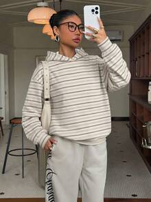 Muchica Printed Hooded Sweatshirt, Suitable For Autumn/Winter, Casual, Minimalist, Vintage, Elegant, Commuting, Versatile, Warm, Gentle, Striped Print Pattern, Beach, Vacation, Summer - Multicolor - View 4