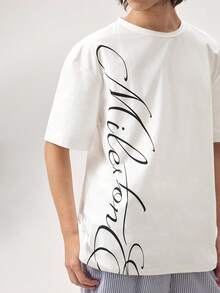 Vaulklash Men's Vintage American Handwritten English Letter Slogan Print Short Sleeve T-Shirt,White,Summer,Casual,Streetwear,City Break,Loose Standard Fit - White - View 7