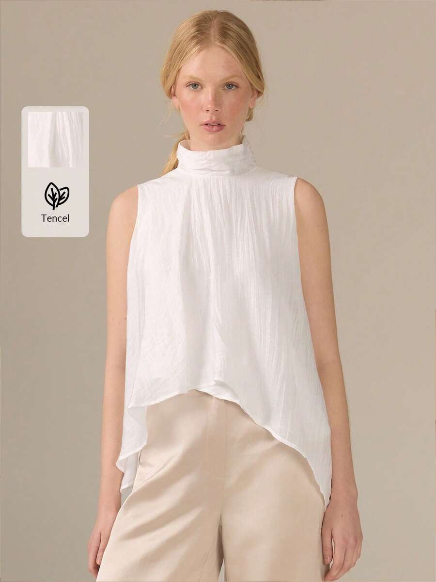 KÆRIA Hus Draped Halter Neck Blouse - Textured Tencel Lined - White - Lightweight, Resort, Vacation, Refined, Summer, Fluid, Elegant, Holiday - White - View 1