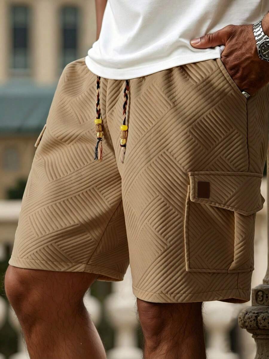Manfinity Homme Plus Size Men's Knit Textured Fabric Casual Shorts - Khaki - View 1