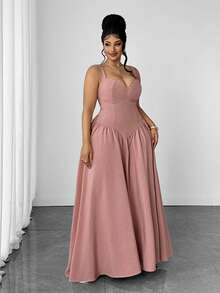 Maweii French Vintage Cinched Waist Strapless Spaghetti Strap Evening Gown, Plus Size Women's Long Dress For Party And Holiday - Dusty Pink - View 3