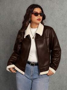 Elaquor Plus Size Women's Colorblock Zipper PU Leather Casual Versatile Everyday Long Sleeve Jacket Winter - Coffee Brown - View 6