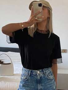 FRIFUL Women's Summer Spring Solid Color Sheer Mesh Loose Casual Versatile T-Shirt - Black - View 5