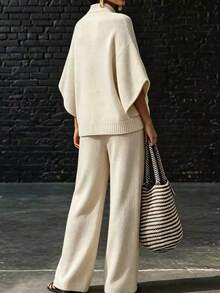 LUMIGAL Women's Solid Color Button Half-Placket 3/4 Sleeve Sweater And Knit Pants 2 Pieces Set - Khaki - View 2