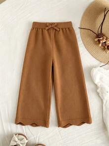 SHEIN Young Girls Sweaters Pants, Wide Leg Straight Leg Pants, Comfortable Soft Versatile Solid Color Khaki, Suitable For Autumn Winter Casual Outings Play Parties, Simple All-Match Daily Wear - Coffee Brown - View 5