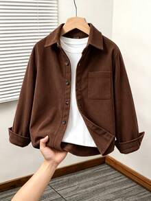 SHEIN Genkimix Kids 1件男童休閒純色鈕扣前開燈芯絨外套，秋季風格，返校季，春秋款，適合日常穿著、學校及其他場合 - 棕色 - 查看 7